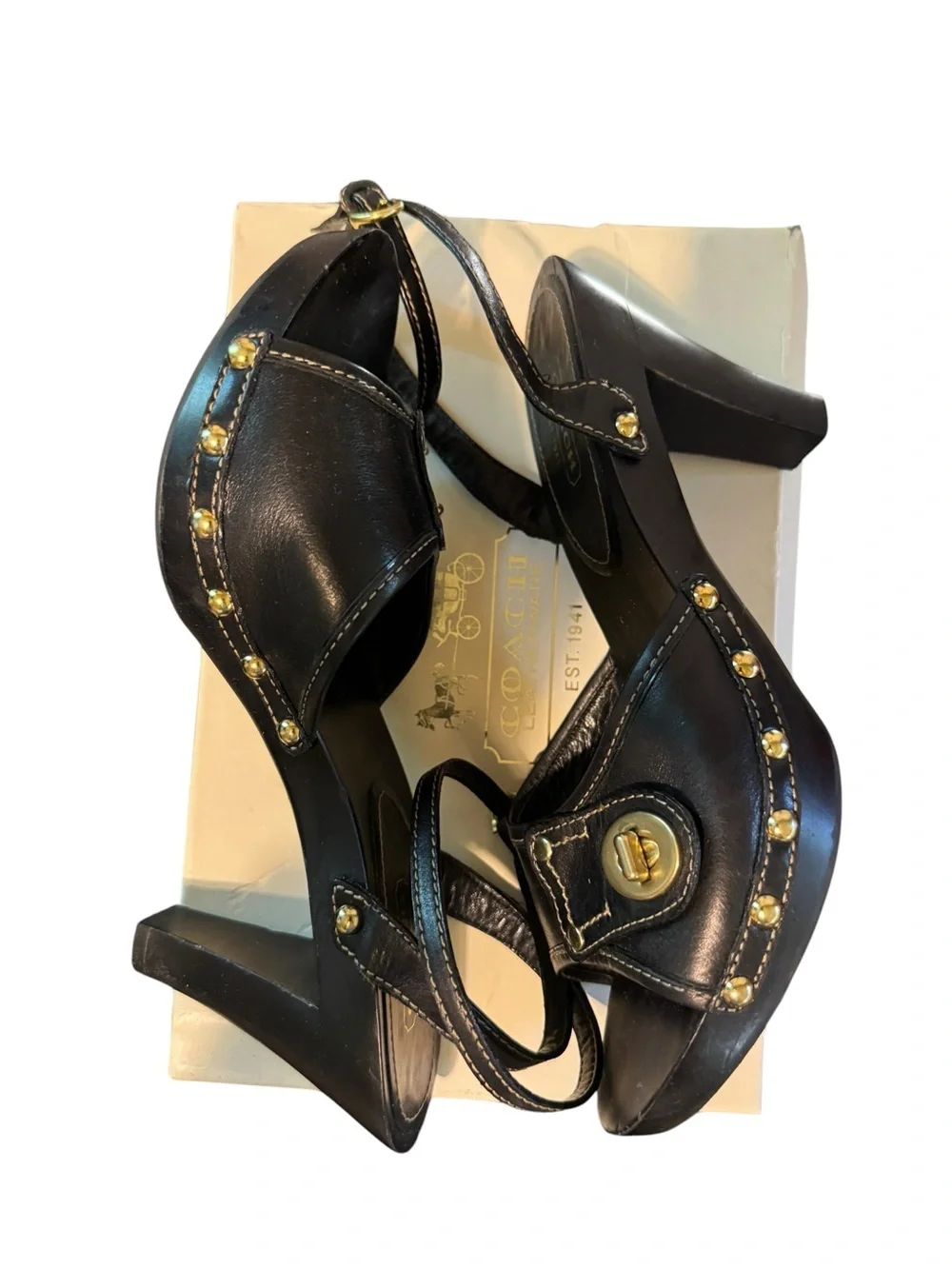 Coach Turnlock Leather Platform Ankle Strap Heels Black Studded Size 11